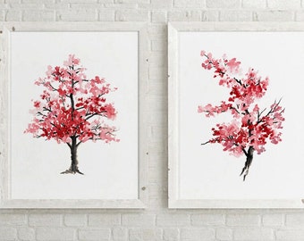桜のプリント、日本の桜の木のウォールアート2枚セット、モダンな 