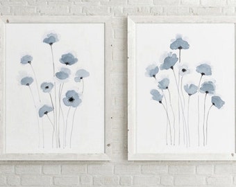 Blue Poppy Watercolor Prints - Delicate Flowers Set of 2, Minimalist Coastal Wall Decor, Perfect Hamptons Style Artwork Gift Idea