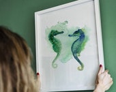 Seahorse Prints, Seahorse Art Print, Seahorse Watercolor Painting, Sea Horse Wall Art, Seahorses Green Nursery Wall Decor