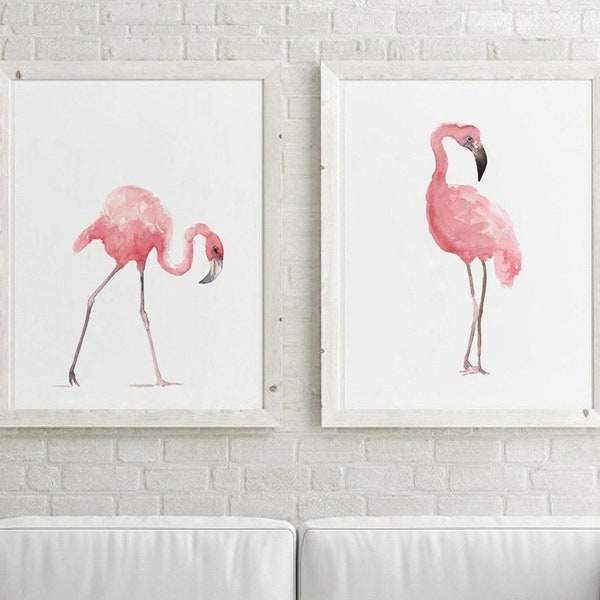 Flamingo Nursery Poster Kids Illustration Children Blush Pink Print Wall Art, Set of 2 Birds, Abstract Art Print, Flamingos Room Decor