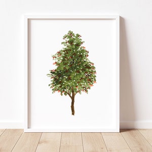 Impressão de arte de Rowan, arte de parede de árvore de Rowan, pintura de floresta, impressão de laranja de baga de Rowan, arte de parede de árvore verde, decoração de parede de baga de Rowan