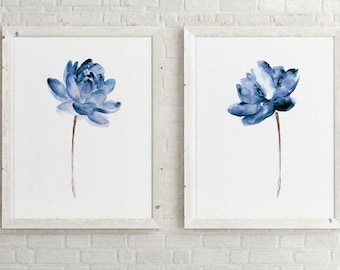 Lotus Print Wall Art, Lotus zestaw 2 kwiatów, niebieski obraz drukowany, wodny kwiat płótno Art Print akwarela malarstwo