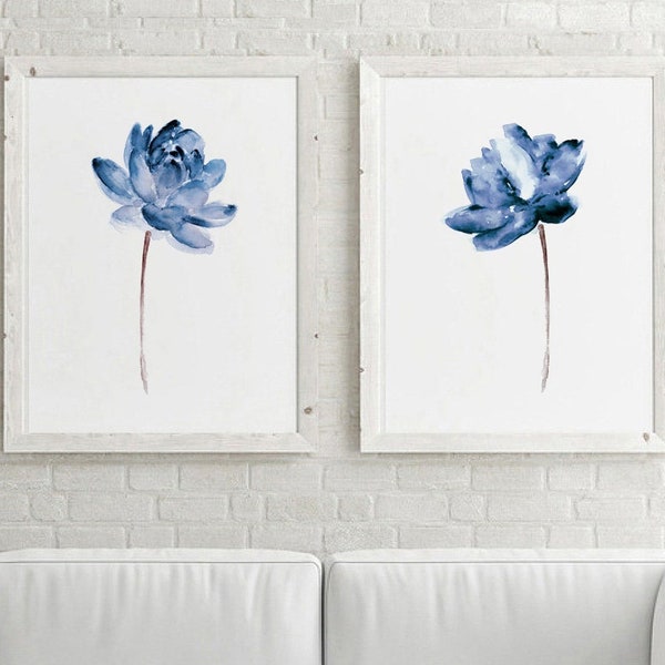 Lotus Print Wall Art, Lotus Set of 2 Flowers, Blue Print Painting, Water Flower Canvas Art Print Watercolor Painting