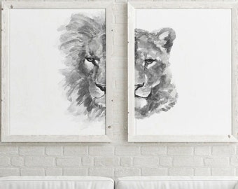Dipinto di leone, arte murale di leone e leonessa, set di 2 stampe moderne, decorazione murale minimalista, acquerello extra large, poster minimalista del Re Leone