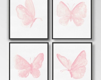 Butterfly Prints, Butterfly Art Print set of 4 Blush Pink Butterflies, Butterfly Print Wall Art, Butterfly Pink Nursery Wall Art