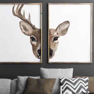 Deer Wall Art, Brown Wall Decor, Deer Head Art Print, Antlers set of 2 Prints, Living Room Wall Decor, Buck and Doe Bedroom Illustration