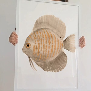 Exotic Discus Fish Beige Wall Art, Aquatic Life Wall Decor Fish Lover Gift Home Decoration