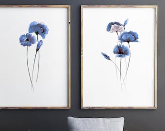 Juego de láminas artísticas de amapolas azules: decoración floral para pared, juego de 2