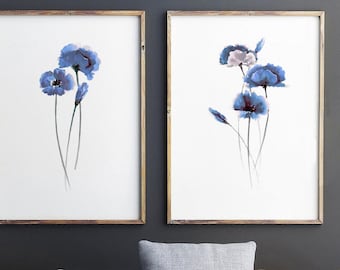 Poppy Art Print, Poppy Print Wall Art, Blue Poppy Flower, Foral Wall Prints set of 2 Paintings, Poppies Wall Art