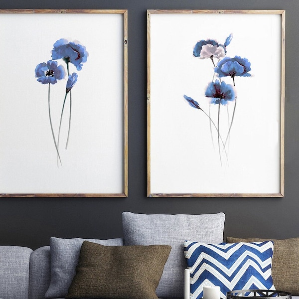 Poppy Art Print, Poppy Print Wall Art, Blue Poppy Flower, Foral Wall Prints set of 2 Paintings, Poppies Wall Art