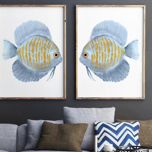 Golden Exotic Fish Wall Art, Discus Fish Prints, Blue and Beige set of 2