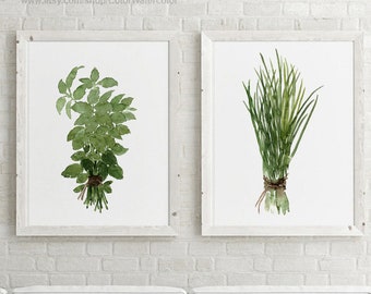 Basil Chive Herbs Bundle Greenery Herb Art Print Kitchen Wall Decor Poster set 2 Canvas Food Wall Art Dining Room Home Garden Botanical