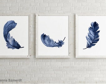 Feather Wall Art, Navy Blue Feather set of 3, Feather Art Print, Feather Illustration, Feather Blue Prints