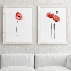 Poppy Wall Art, Poppy Art Print, Poppy Flower Wall Art, Red Poppy Prints set of 2, Poppies Living Room Wall Decor Watercolor Painting