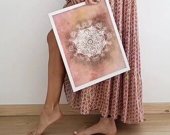 Mandala wall art, Blush pink decor, Meditation fractal poster,  Print from my original watercolor painting, Relax time in living room