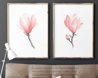 Magnolia Blush Pink Art Print, Magnolia Print Wall Art, Magnolia Flower set of 2, Living Room Wall Decor, Wedding Gifts Watercolor Painting