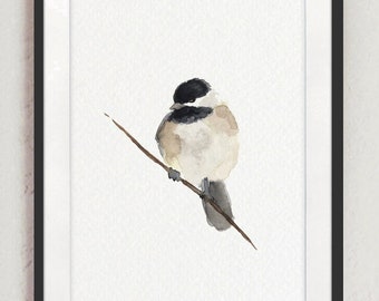 Decorazione murale Chickadee, dipinto di uccelli, arte minimalista ad acquerello, poster moderno, decorazione per soggiorno marrone e beige, stampa artistica Chickadee