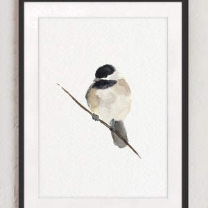 Chickadee Wall Decor, Bird Painting, Minimalist Watercolor Art, Modern Poster, Brown and Beige Living Room Decor, Chickadee Art Print