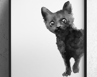 Black Cat Art Print, Kitten Giclee Ink Wall Art, Animal Illustration, Black Home Decor, Cat Drawing