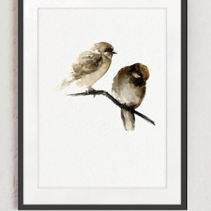 Arte de pared con estampado de pájaros, gorrión marrón, decoración natural para el hogar, póster abstracto de pájaros, impresión artística de dos gorriones, pintura de acuarela sobre lienzo moderna