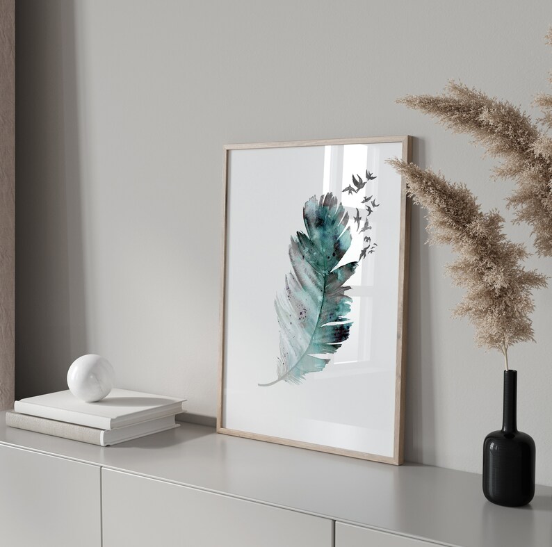 Feather Art Prints Feather With Birds Print Feather Wall Etsy