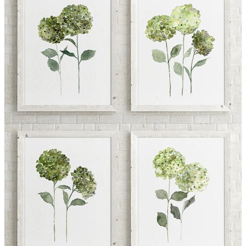 Hydrangea Wall Art, Hydrangea Pints, Green Hydrangea Flower Wall Art Print set of 4 Watercolor shops Painting