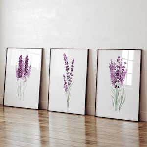 Set di 3 stampe artistiche di lavanda, decorazione da parete floreale botanica viola e verde, poster moderno di campo di lavanda, regali per pareti, arte per soggiorno