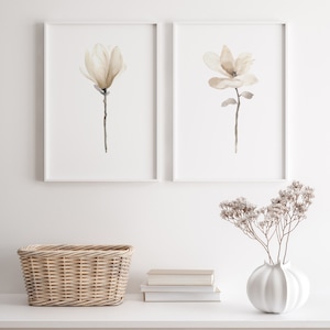 Pearl Magnolia Wall Art, White Magnolia Flower, Taupe Watercolor Painting, Wall Art set of 2, Magnolia Wall Decor, Magnolia Canvas Artwork