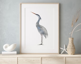 Blue Heron Wall Art, Modern Art Print, Abstract Bird Painting, Heron Nursery Poster, Heron Watercolor Painting, Digital Prints