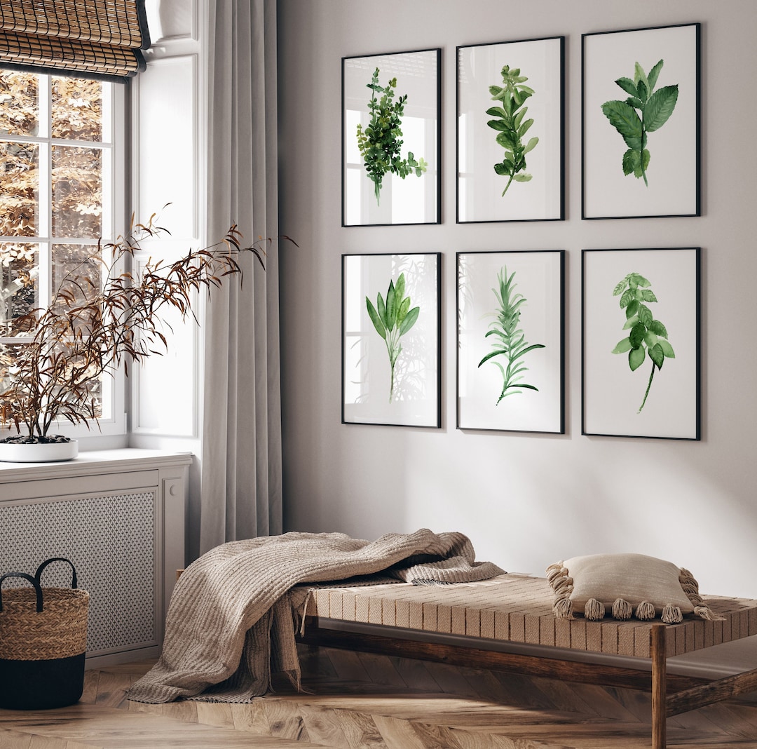 Kitchen Herb Print Green Wall Wall Art, Print Set of 6 Herbs Spices Art ...