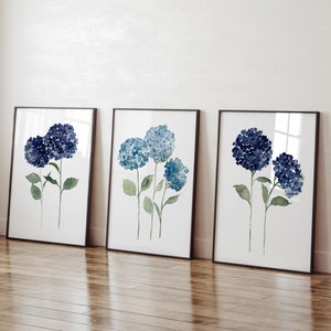 Hydrangea Print, Hydrangea Wall Art, Blue Flower Decor, Gallery Wall set of 3 Prints, Floral Centerpiece, Modern Poster Navy Home Decor