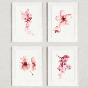Cherry Blossom Art Print, Cherry Blossom Painting, Cherry Blossom Wall Art, Pink Cherry Blossom Flower set of 4 Prints Mothers DayPainting image 5