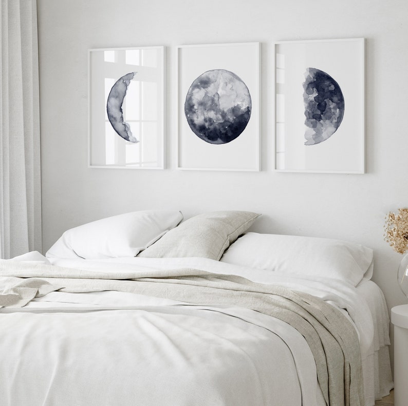 Moon Phase Art Canvas Moon Wall Art Moon Phase Decor Navy Etsy