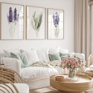 Lavender Painting set of 3, Canvas Wall Art Botanical Illustration, Green and Purple Living Room Decor, Modern Herbs Rosemary Kitchen Print