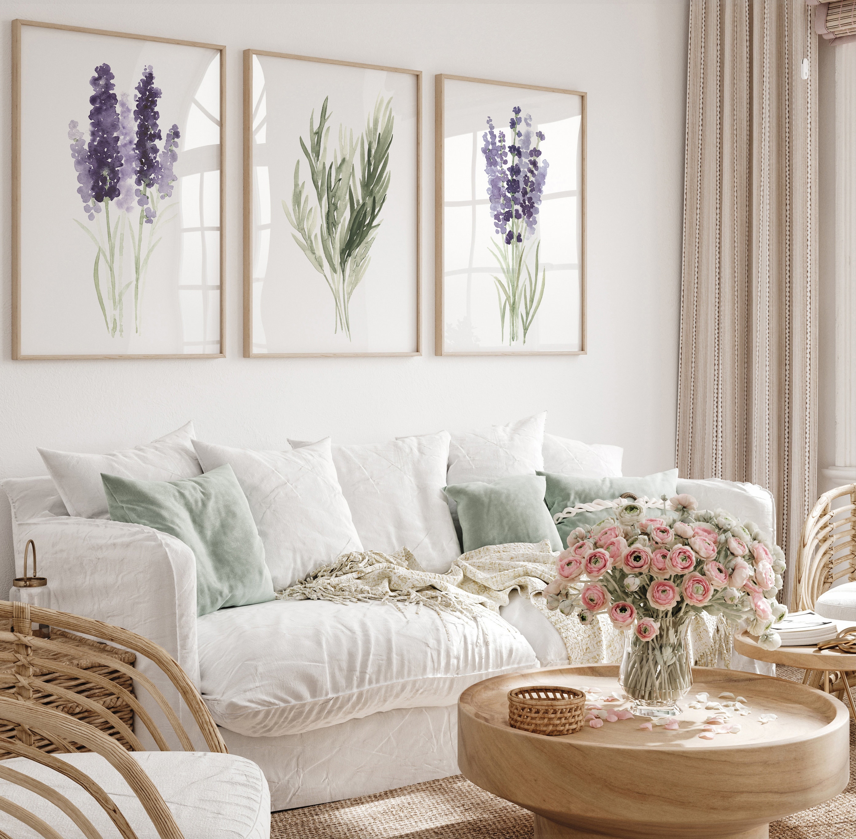 ラベンダーの絵画3点セット、キャンバス壁アート植物イラスト、緑と紫