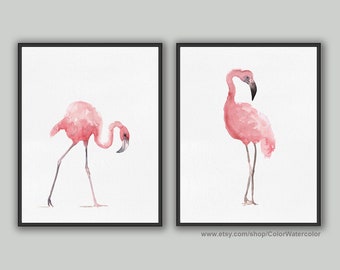 Flamingo Nursery Poster Kids Illustration Children Blush Pink Watercolor Painting, Set of 2 Birds, Abstract Art Print, Flamingos Room Decor