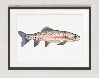 Stampa acquerello di trota iridea, arte murale a forma di pesce, arredamento ecologico per la casa, regalo per gli amanti dei pesci, stampa artistica di trota, arte murale per gli amanti della natura