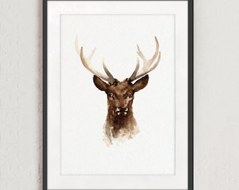 Stampa acquerello di corna di cervo: arredamento rustico in stile bosco