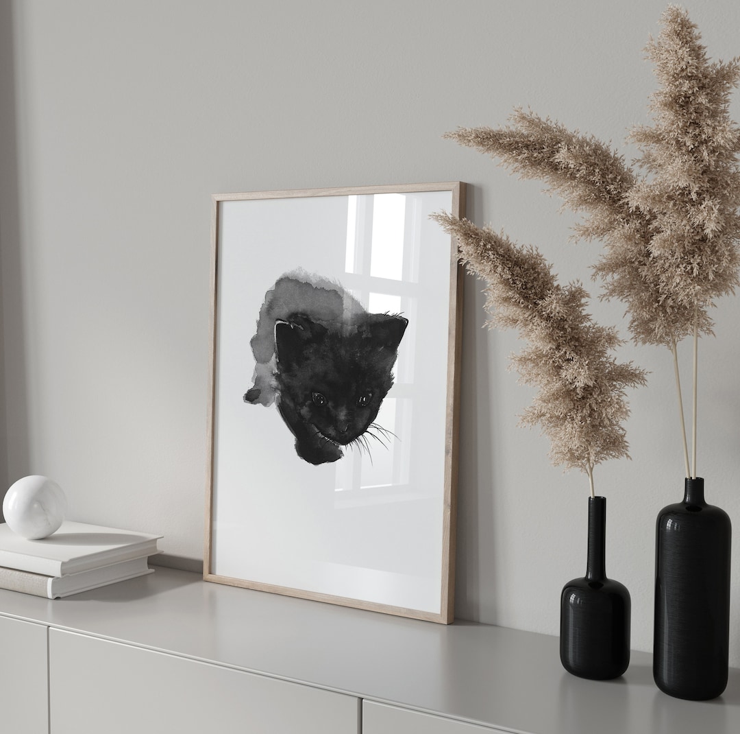 peeking black cat poster, cute cat print, home decor,... Black Cat Giclee Print: Peeking Kitten, Modern Home Decor - Etsy