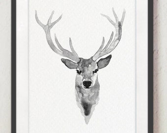 Deer Art Print, Deer Wall Art, Deer Wall Hanging, Grey Deer Head, Deer Wall Decor, Antlers Painting, Deer Stag