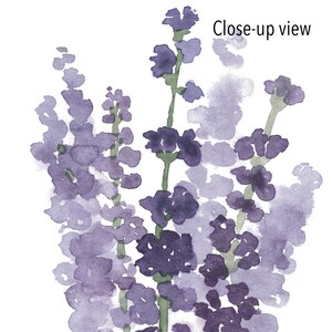 May include: Watercolor painting of lavender flowers in shades of purple and green. The flowers are arranged in a loose bouquet, with some of the stems overlapping. The painting has a soft, dreamy feel.