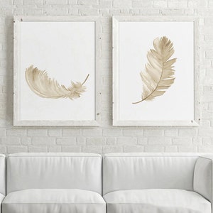 Golden Feather Painting, Minimalist Wall Decor, set of 2 Artworks, Modern Watercolor, Beige Nursery Art, Abstract Two Extra Large Prints