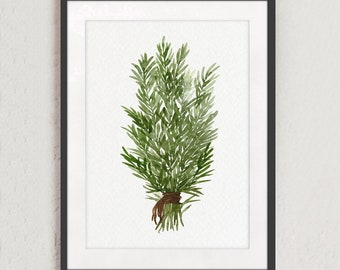 Rosemary Painting, Green Wall Art, Rosemary Herb Bundle, Kitchen Wall Decor, Botanical Modern Poster, Dining Room Art, Watercolor Art Print