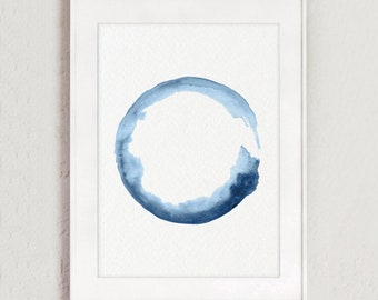 Wave Painting, Blue Watercolor Art, Zen Circle Artwork, Minimalist Wall Decor, Hamptons Style Blue Painting Living Room Poster Surfing Print