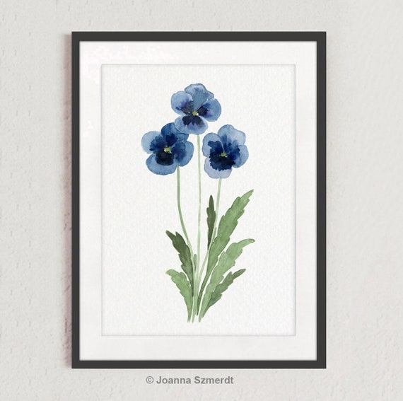 ビオラの絵画、パンジーの花の水彩画、ネイビーの壁アート、青い花の壁