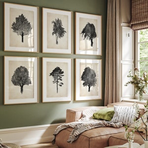 Tree Wall Art, Forest Painting, Botanical Artwork set of 6 Prints Extra Large Wall Decor, Minimalist Vintage Modern Living Room