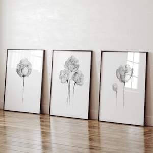 Impresión artística de peonía, impresiones de peonía, flor de peonía gris, ramo de peonía, juego de 3, arte mural, pintura de acuarela