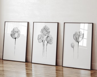 Peony Art Print, Peony Prints, Grey Peony Flower, Peony Bouquet set of 3 Wall Arts Watercolor Painting