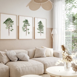 Pine Tree Print, Pine Wall Art set of 3 Extra Large Art Prints, Green Tree Forest Painting, Gallery Wall set Pine Cone Tree Wall Decor