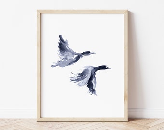 Duck Wall Art, Navy Blue Abstract Artwork, Extra Large Duck Poster, Minimalist Duck Wall Decor, Flying Ducks Painting
